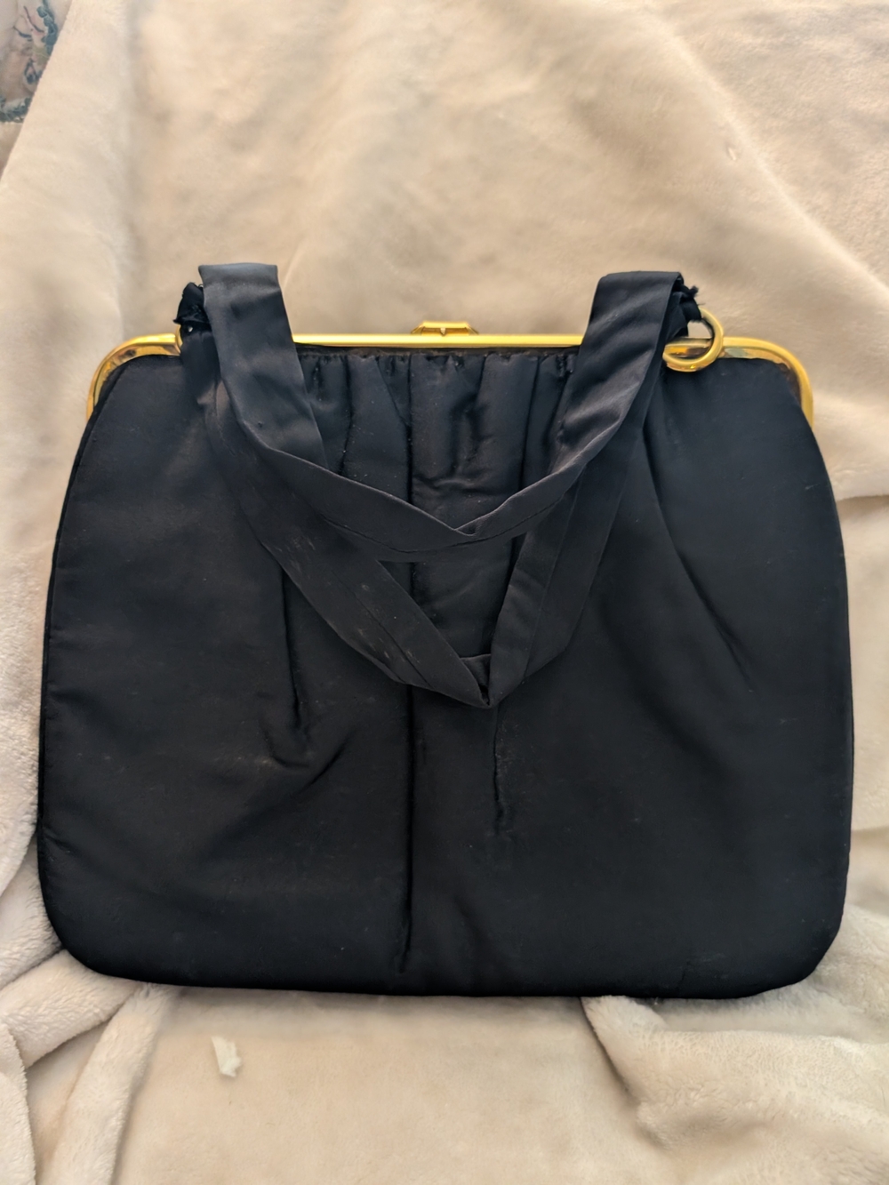 Vintage 1950s Fabrique Bags Black Satin Ruched Evening Bag Kiss Lock MCM